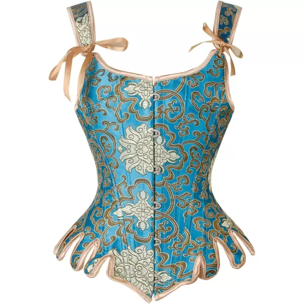 Charmian Womens Victorian Vintage Brocade Lace Up Bustier Overbust Corset TopBlueGold