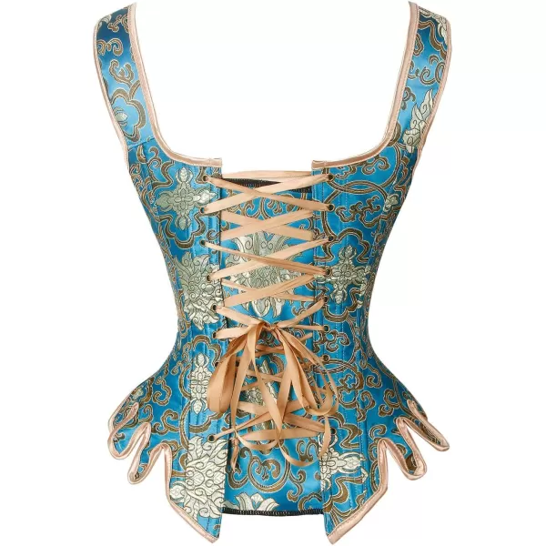 Charmian Womens Victorian Vintage Brocade Lace Up Bustier Overbust Corset TopBlueGold