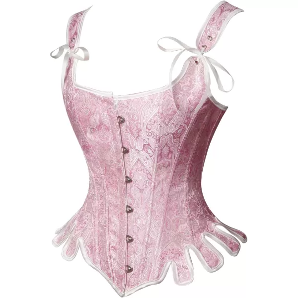 Charmian Womens Victorian Vintage Brocade Lace Up Bustier Overbust Corset TopPinkplastic Bones
