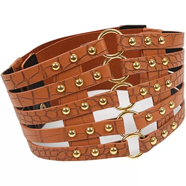 Charmian Womens Vintage Fashion Faux Leather Rivet Elastic Waist Cinch BeltBrown