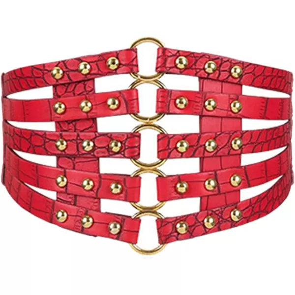 Charmian Womens Vintage Fashion Faux Leather Rivet Elastic Waist Cinch BeltRed