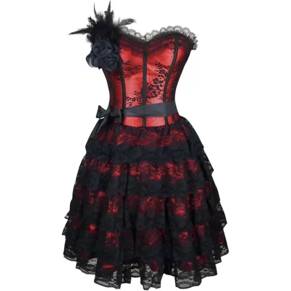 Charmian Burlesque Floral Lace Overlay Strapless Lace Up Bustier Corset DressRed