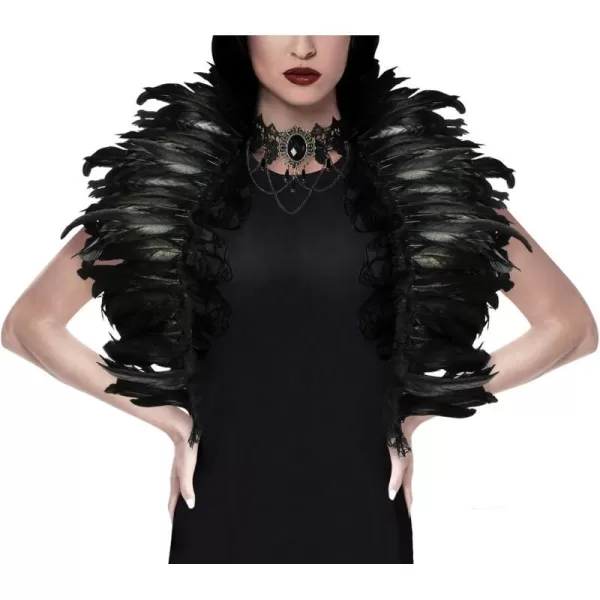 Charmian Gothic Feathers Shawl Halloween Cape Accessories with Red Rose NecklaceBlack