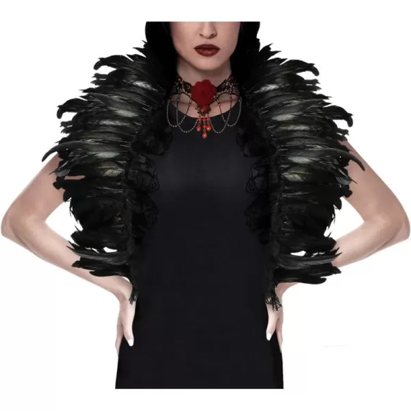 Charmian Gothic Feathers Shawl Halloween Cape Accessories with Red Rose NecklaceBlackRed Rose Necklace