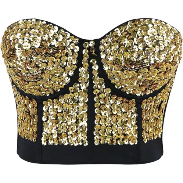 Charmian Womens Burlesque Fashion Beaded Sequins Push Up Crop Top Bustier BraGold