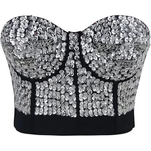 Charmian Womens Burlesque Fashion Beaded Sequins Push Up Crop Top Bustier BraSilver