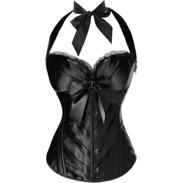 Charmian Womens Burlesque Vintage Satin Halter Boned Zipper Bustier Corset TopBlack