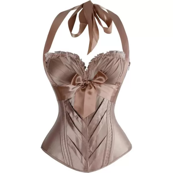 Charmian Womens Burlesque Vintage Satin Halter Boned Zipper Bustier Corset TopChampagne