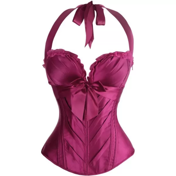 Charmian Womens Burlesque Vintage Satin Halter Boned Zipper Bustier Corset TopPurple