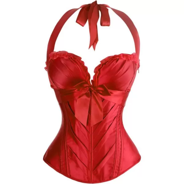 Charmian Womens Burlesque Vintage Satin Halter Boned Zipper Bustier Corset TopRed