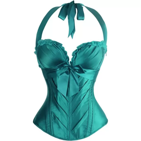 Charmian Womens Burlesque Vintage Satin Halter Boned Zipper Bustier Corset TopTurquoise