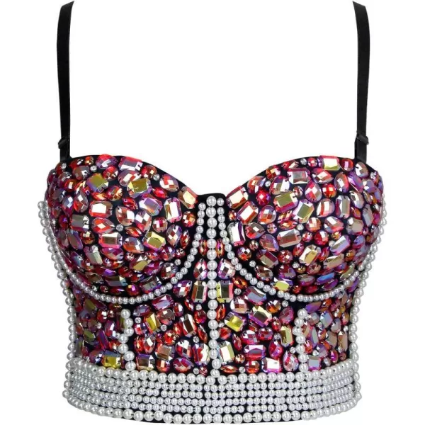 Charmian Womens Colorful Rhinestone Beaded Push Up Clubwear Bustier Crop Top BraMulticolored