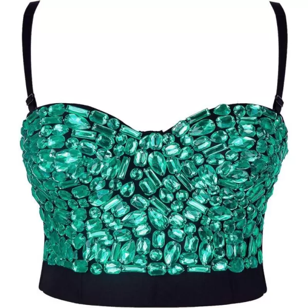 Charmian Womens Colorful Rhinestone Push Up Bra Clubwear Party Bustier Crop TopGreen