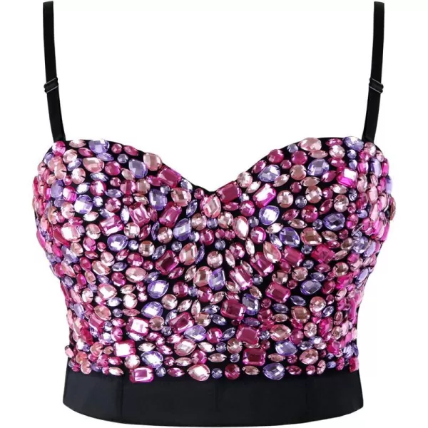 Charmian Womens Colorful Rhinestone Push Up Bra Clubwear Party Bustier Crop TopPink