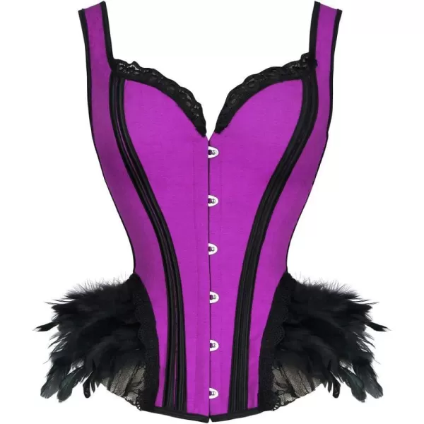 Charmian Womens Gothic Lace Up Boned Overbust Bustier Corset Top with FeatherPurple