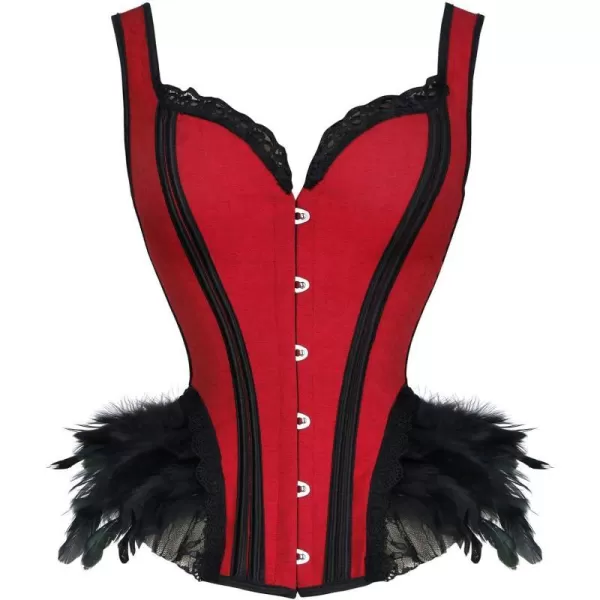 Charmian Womens Gothic Lace Up Boned Overbust Bustier Corset Top with FeatherRed