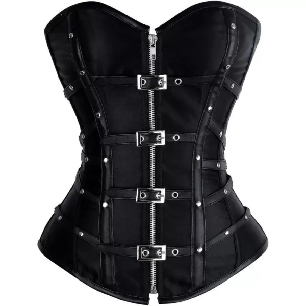 Charmian Womens Gothic Punk Satin Boned Zipper Overbust Corset Top with BucklesBlack