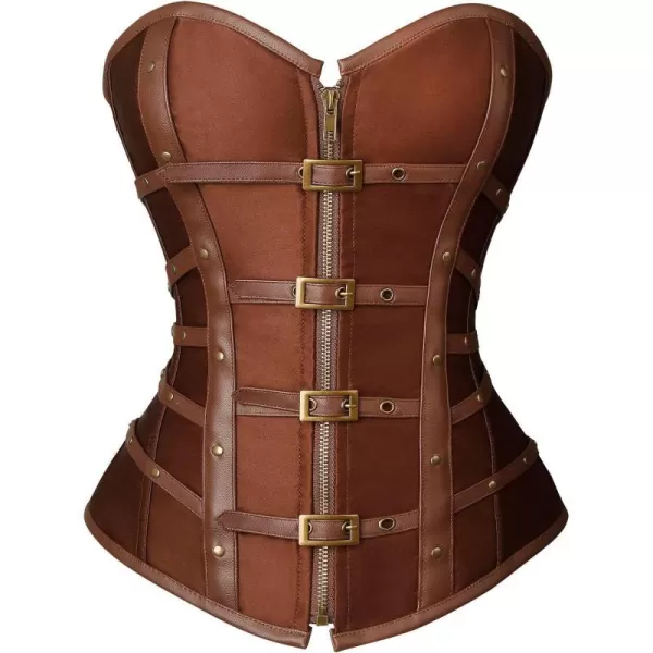 Charmian Womens Gothic Punk Satin Boned Zipper Overbust Corset Top with BucklesBrown