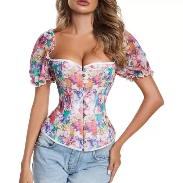 Charmian Womens Overbust Boned Floral Print Ruffled Puff Sleeves Vintage CorsetMulticolorShort Sleeve