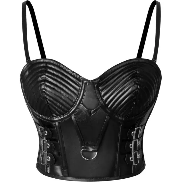 Charmian Womens PU Leather Spaghetti Straps Bustier Bra Clubwear Crop TopBlack