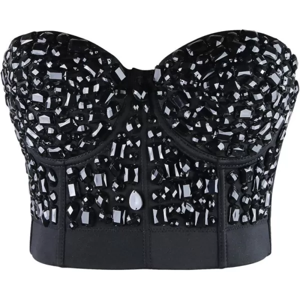 Charmian Womens Punk Rhinestone Push Up Bra Clubwear Party Bustier Crop TopBlack