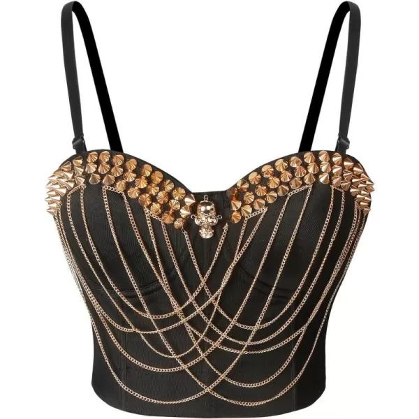 Charmian Womens Punk Rivets Chains Spaghetti Strap Skull Bustier Bra Corset TopBlackGolden