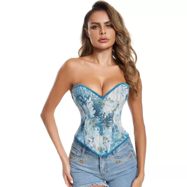 Charmian Womens Renaissance Floral Jacquard Lace Up Overbust Corset Bustier TopBlue