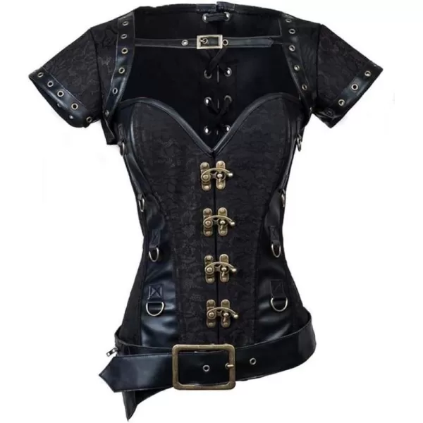 Charmian Womens Retro Goth Brocade Steampunk Overbust Corset with Jacket and BeltBlack