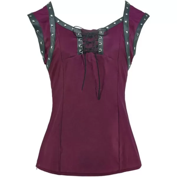 Charmian Womens Retro Gothic Lace Up Sleeveless Patchwork Crepe Casual Blouse TopAmaranth Red