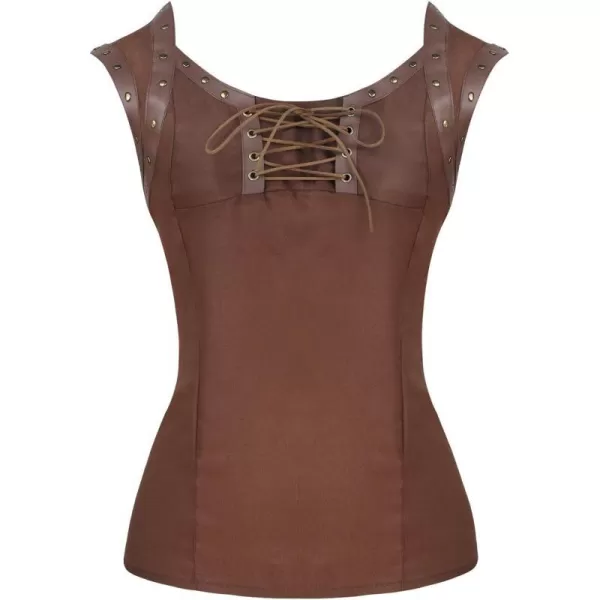 Charmian Womens Retro Gothic Lace Up Sleeveless Patchwork Crepe Casual Blouse TopBrown