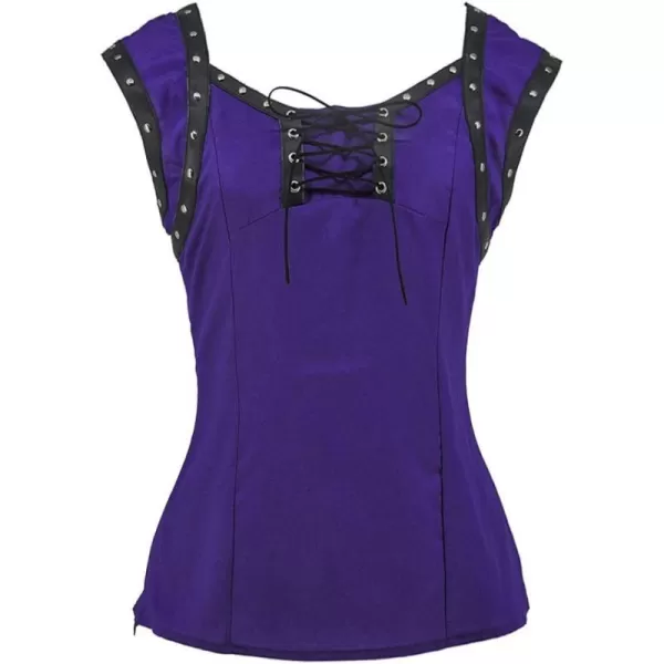 Charmian Womens Retro Gothic Lace Up Sleeveless Patchwork Crepe Casual Blouse TopPurple