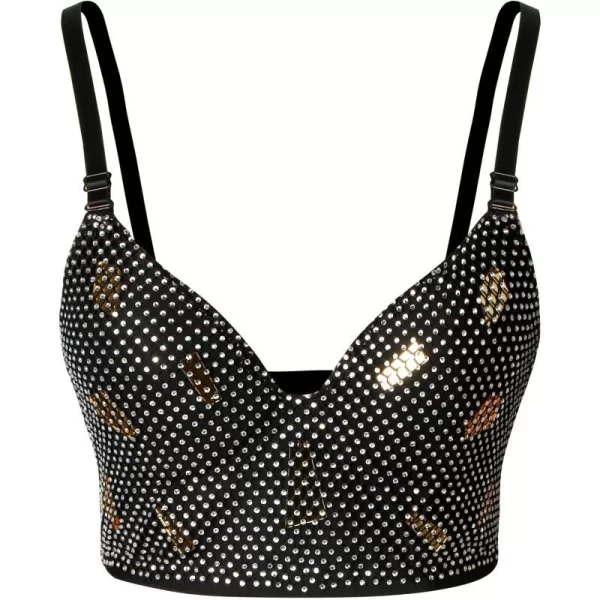 Charmian Womens Rhinestone Glitter V Neckline Push Up Cami Crop Top BraBlack