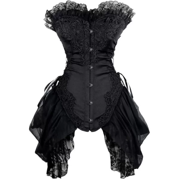 Charmian Womens Sexy Strapless Floral Embroidery Gothic Corset with Lace SkirtBlack