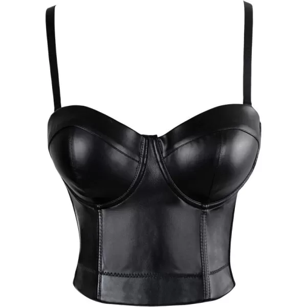 Charmian Womens Spaghetti Straps PU Leather Bustier Crop TopBlack