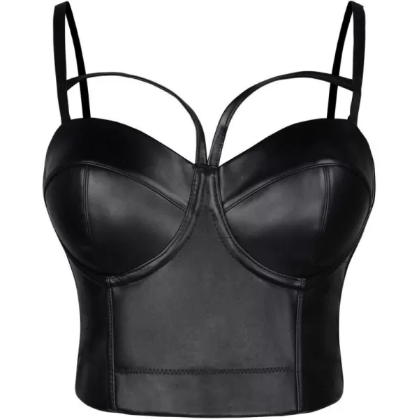 Charmian Womens Spaghetti Straps PU Leather Bustier Crop TopMatt Black