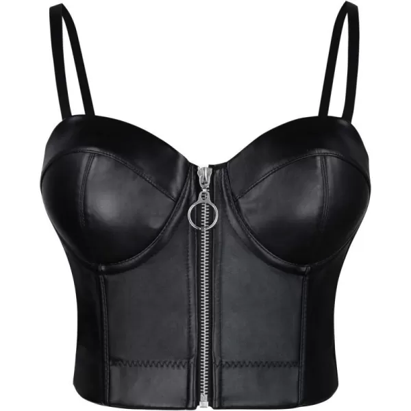 Charmian Womens Spaghetti Straps PU Leather Bustier Crop TopZipper Black