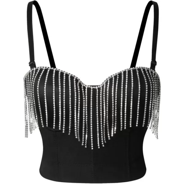 Charmian Womens Sparkly Fringe Diamond Rhinestone Tassel Crop Top Corset BraBlack