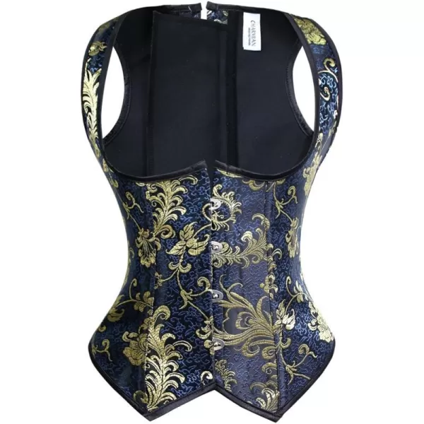 Charmian Womens Spiral Steel Boned Brocade Waist Cincher Underbust Corset VestBlue