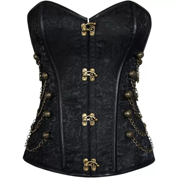 Charmian Womens Spiral Steel Boned Steampunk Gothic Bustier Corset with ChainsBuckle Black