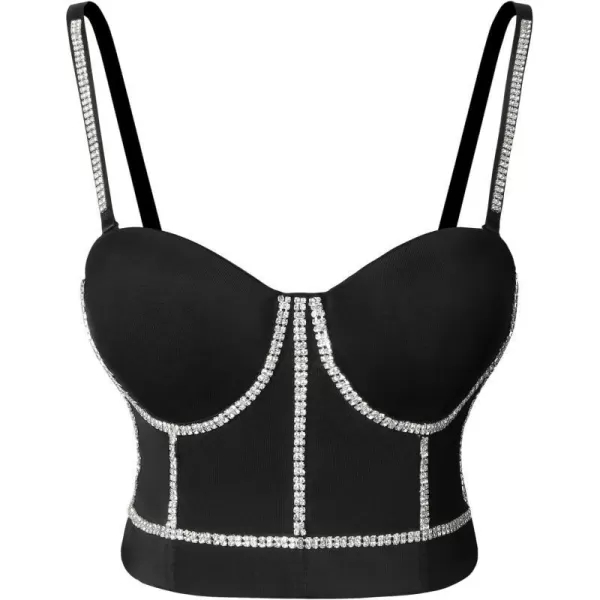 Charmian Womens Steampunk Diamond Beaded Clubwear Corset Crop Top Bustier BraBlack