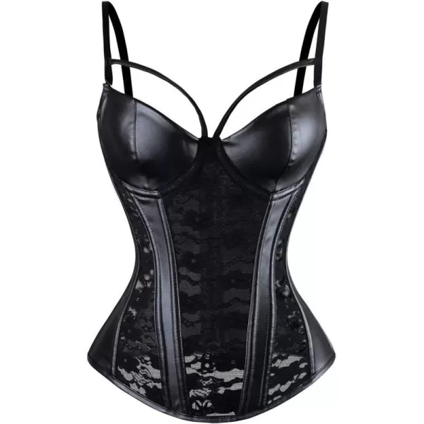 Charmian Womens Steampunk Gothic Lace Corset Bustier Faux Leather Bra LingerieBlack