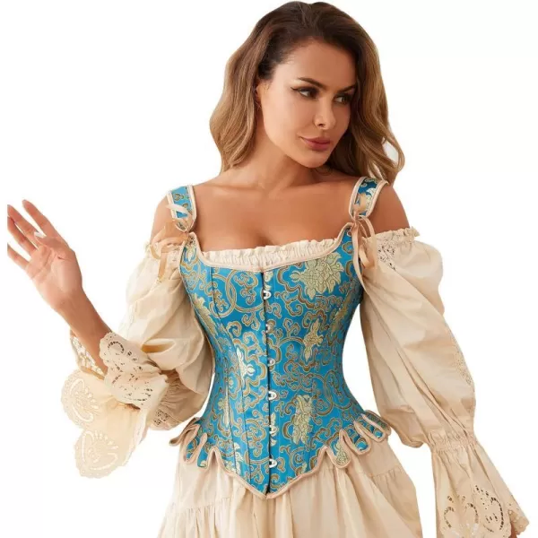 Charmian Womens Victorian Vintage Brocade Lace Up Bustier Overbust Corset TopBlueGold