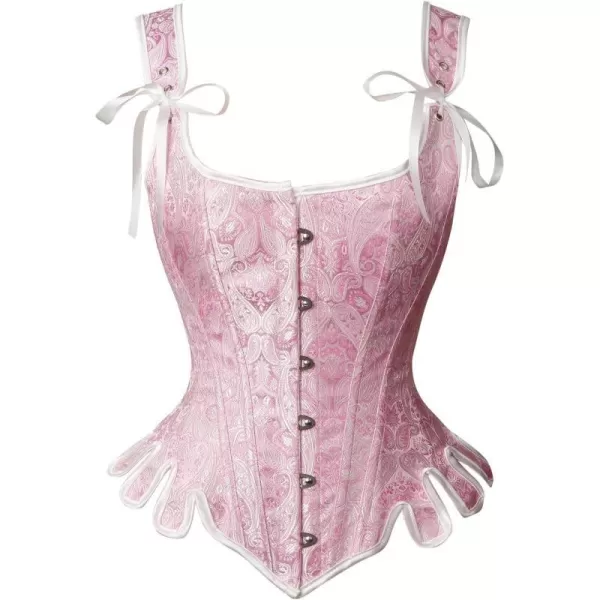 Charmian Womens Victorian Vintage Brocade Lace Up Bustier Overbust Corset TopPinkplastic Bones