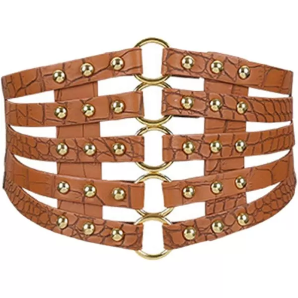 Charmian Womens Vintage Fashion Faux Leather Rivet Elastic Waist Cinch BeltBrown