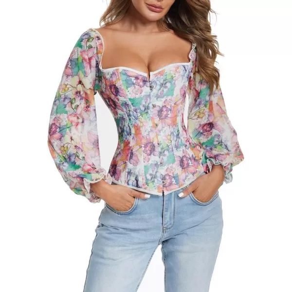 Charmian Womens Vintage Renaissance Floral Long Sleeves Overbust Corset TopMulticolorLong Sleeve