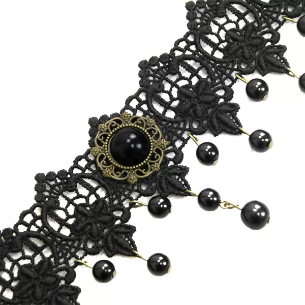 Charmian Womens Steampunk Accessories Costume Cosplay Lace Choker Beads Chain Decorative NecklaceBlack Lace  Black Beads