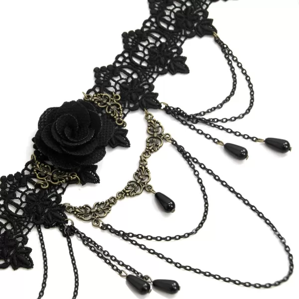 Charmian Womens Steampunk Accessories Costume Cosplay Lace Choker Beads Chain Decorative NecklaceBlack Lace  Flower  Bead