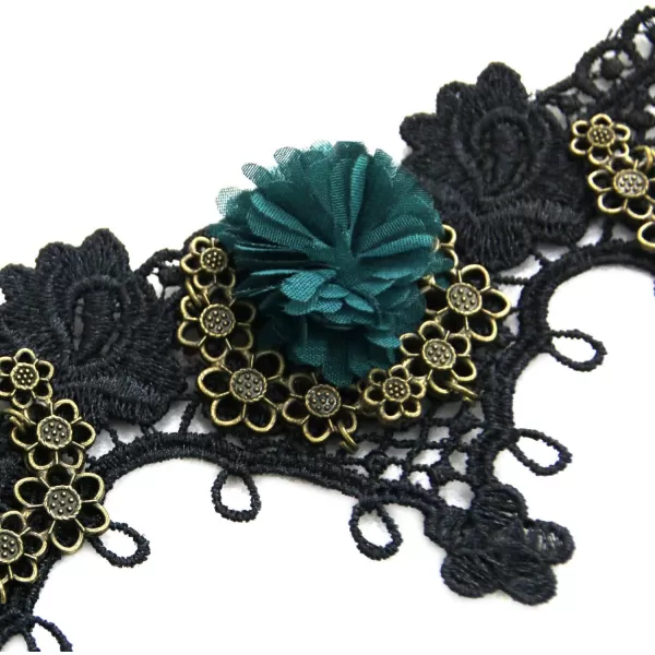 Charmian Womens Steampunk Accessories Costume Cosplay Lace Choker Beads Chain Decorative NecklaceBlack Lace  Green Flower