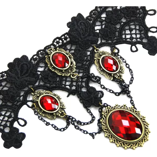 Charmian Womens Steampunk Accessories Costume Cosplay Lace Choker Beads Chain Decorative NecklaceBlack Lace  Red Bead  Chain