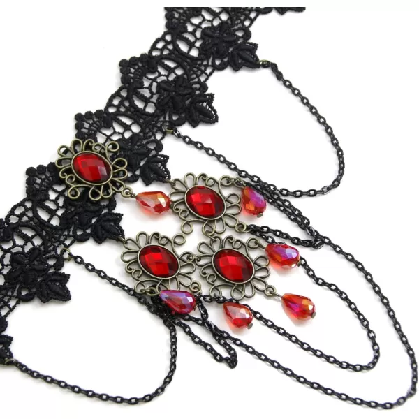 Charmian Womens Steampunk Accessories Costume Cosplay Lace Choker Beads Chain Decorative NecklaceBlack Lace  Red Bead